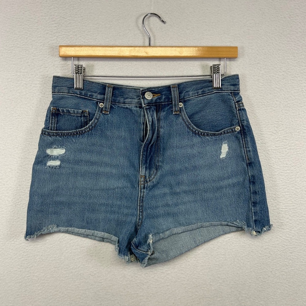 Distressed Boho Uniqlo Womens 26 Blue High Rise Raw Hem Denim Jean Shorts
